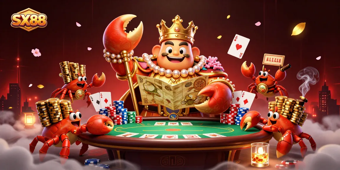 SX88 engages players with a vibrant, 3D scene featuring the golden crab emperor and poker elements.