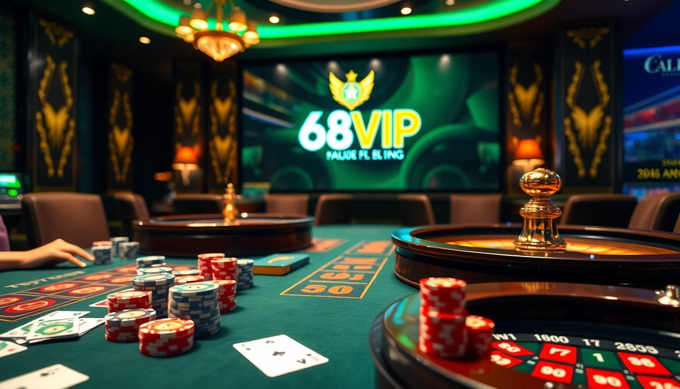 Experience the thrill of gambling at Nhà Cái 68VIP Có Uy Tín with vibrant visuals of poker chips and a roulette wheel.