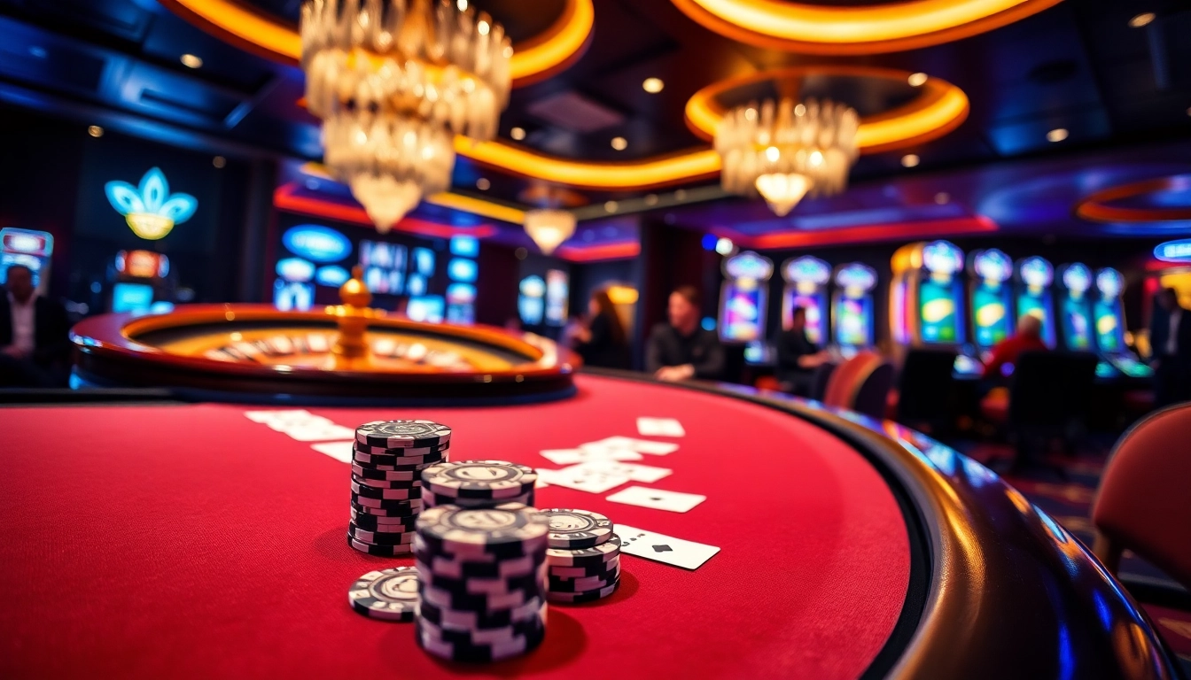 Engaging scene at b52club casino with poker, roulette, and vibrant slot machines.