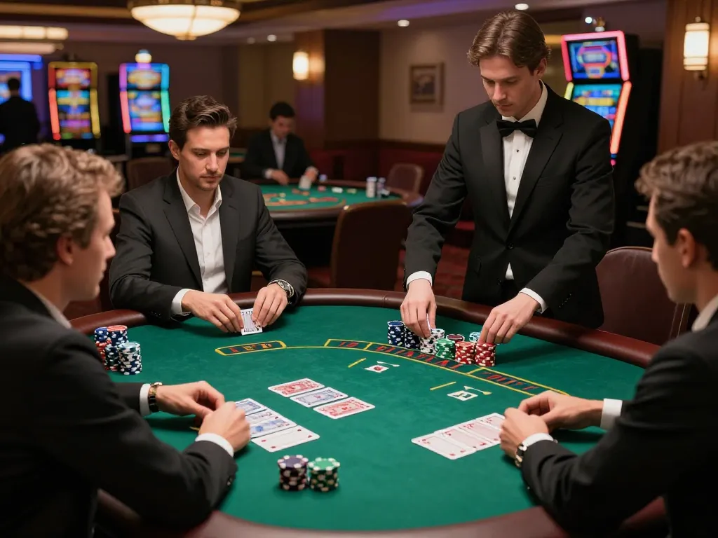 Go8 players strategizing on blackjack table in an upscale casino atmosphere.