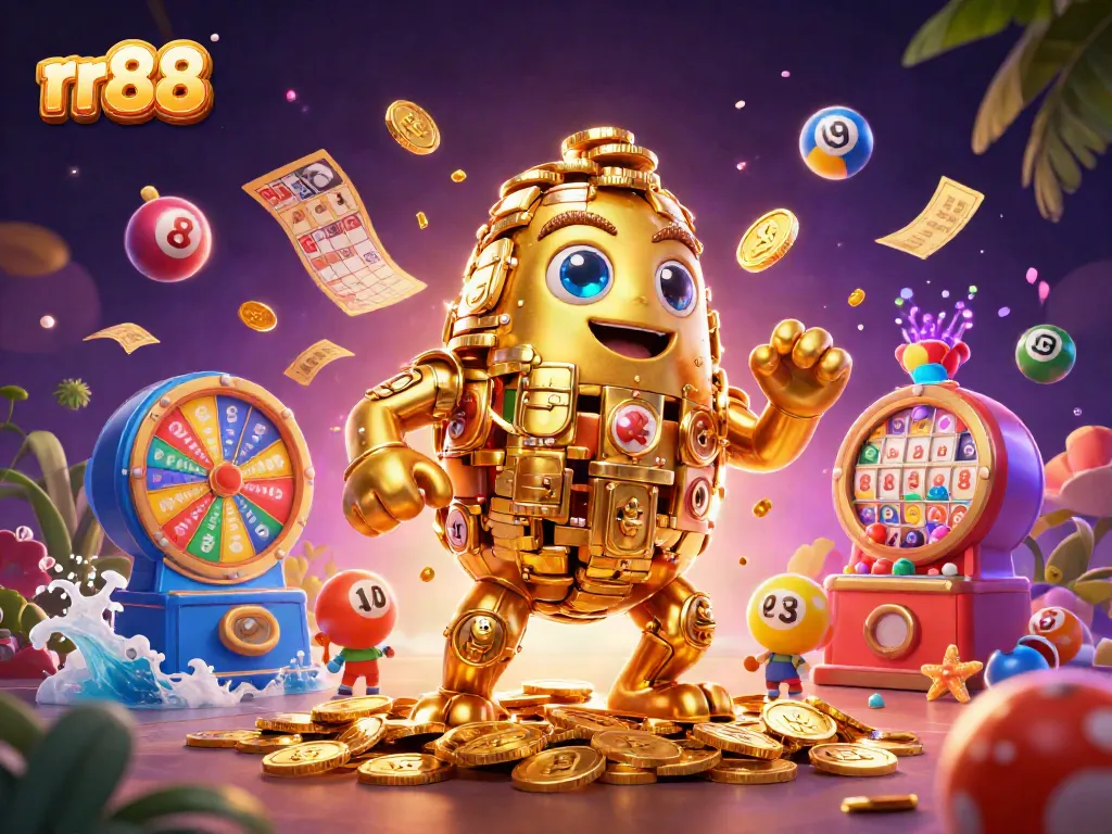 Engage with the 3D rr88 golden golem gaming illustration showcasing dynamic casino elements