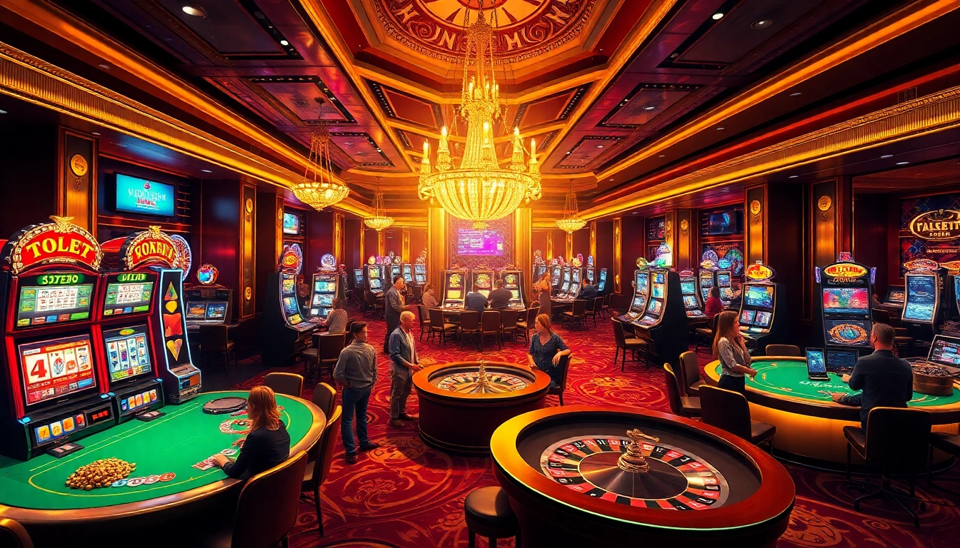 Excited players enjoying a vibrant casino atmosphere at 33WIN68, featuring poker tables and slot machines.