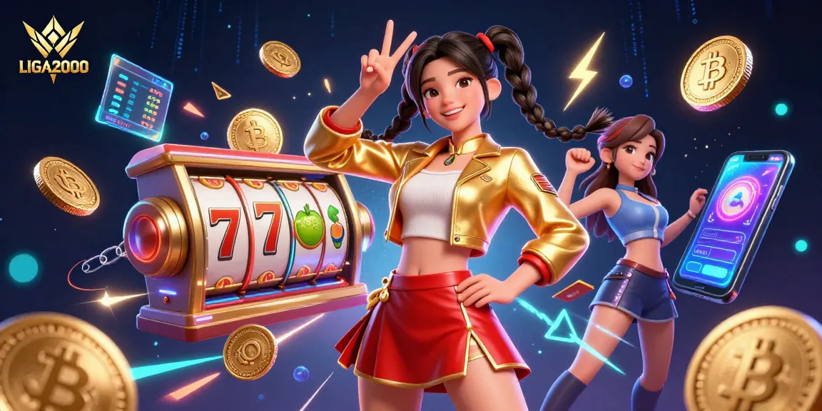 Rasakan kemenangan besar di LIGA2000 dengan gulungan slot yang penuh warna dan tema kripto yang diwakili dalam ilustrasi yang cerah.