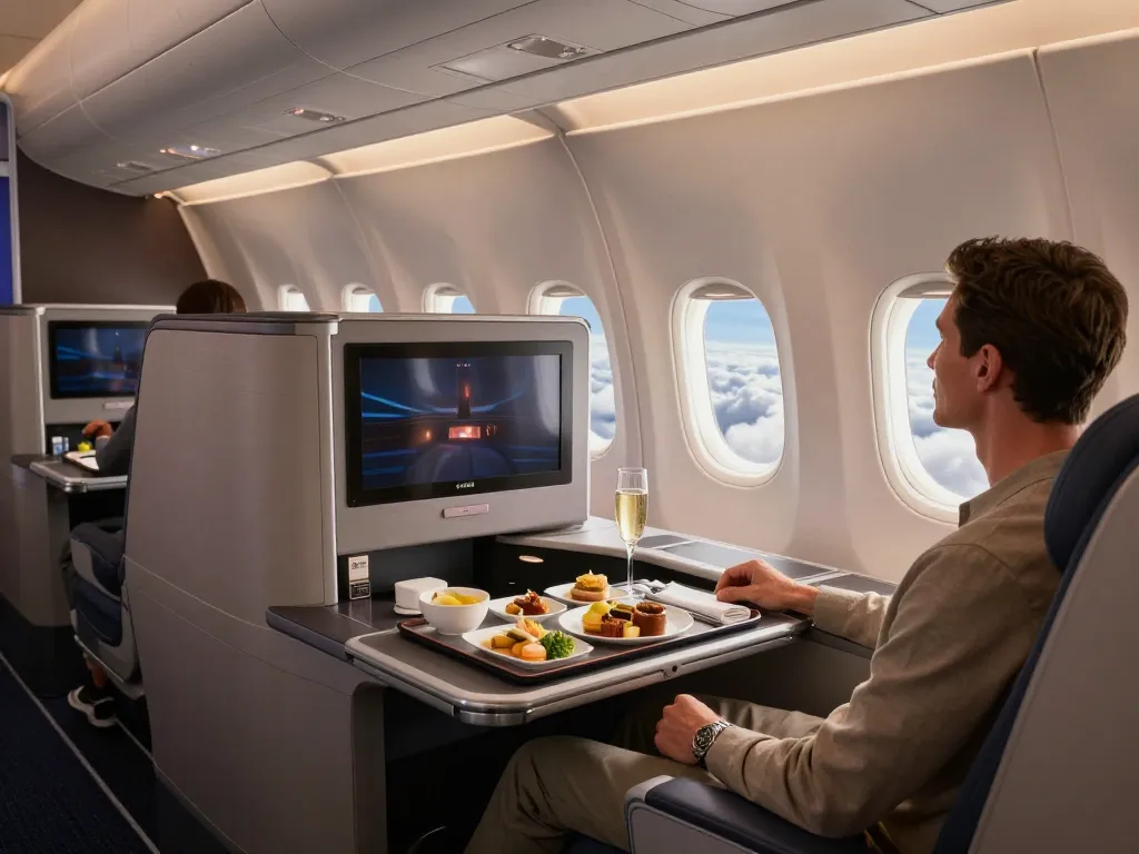 Premium travel experience aboard a Boeing 787-9P Dreamliner, featuring spacious Flagship Suites and gourmet dining.