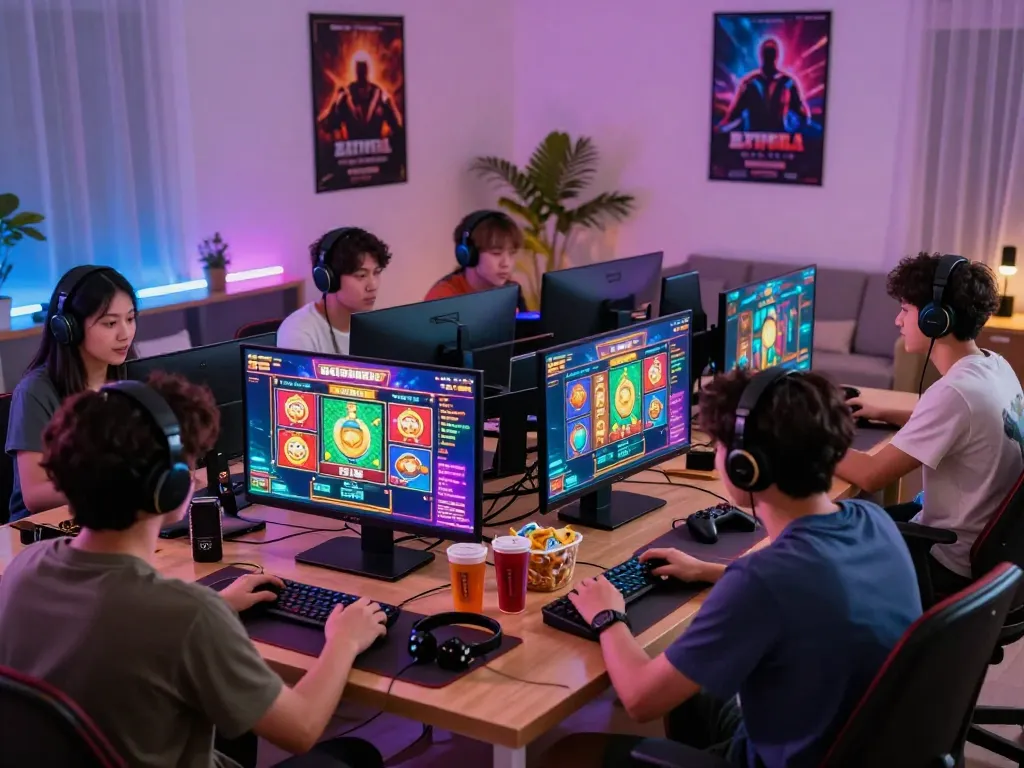Exciting online gaming session featuring players enjoying kerajaanslot with vibrant graphics and cozy setup.