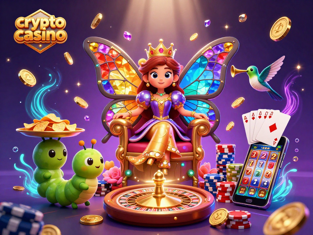 Experience the thrill of a crypto casino with a vibrant cartoon illustration showcasing a butterfly queen and gaming elements.