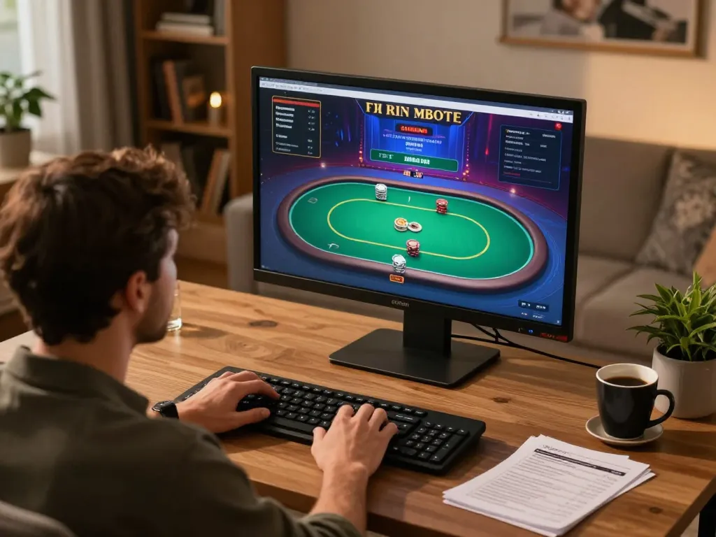 Engage in strategic poker gameplay on kuwin's online platform in a modern home setup.