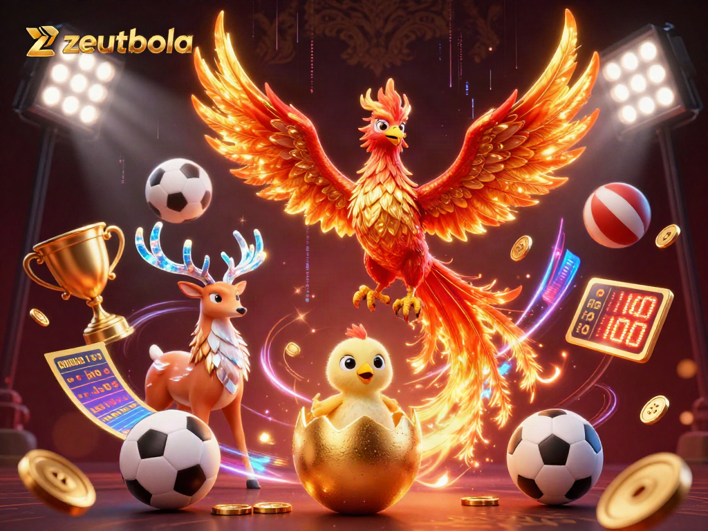 Play at zeusbola and engage in thrilling gaming experiences with a vibrant phoenix and dynamic sports elements.