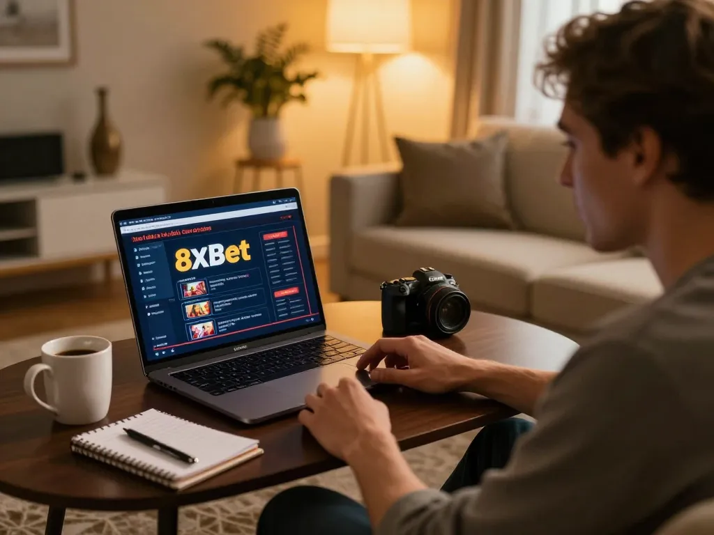 Player engaging with nhà cái 8xbet on a sleek laptop in a cozy home environment, enjoying online gambling experience.