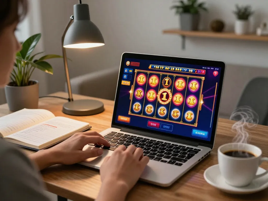 Seseorang memainkan aman788 slot gacor secara online di laptop dengan grafik yang hidup dan catatan strategis.