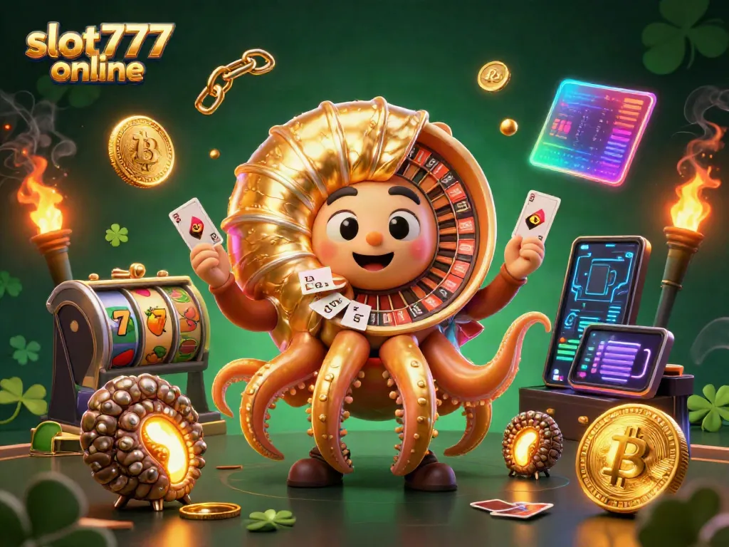 Menangkan slot777 online dengan karakter kartun 3D nautilus raksasa memegang kartu dan elemen kasino.