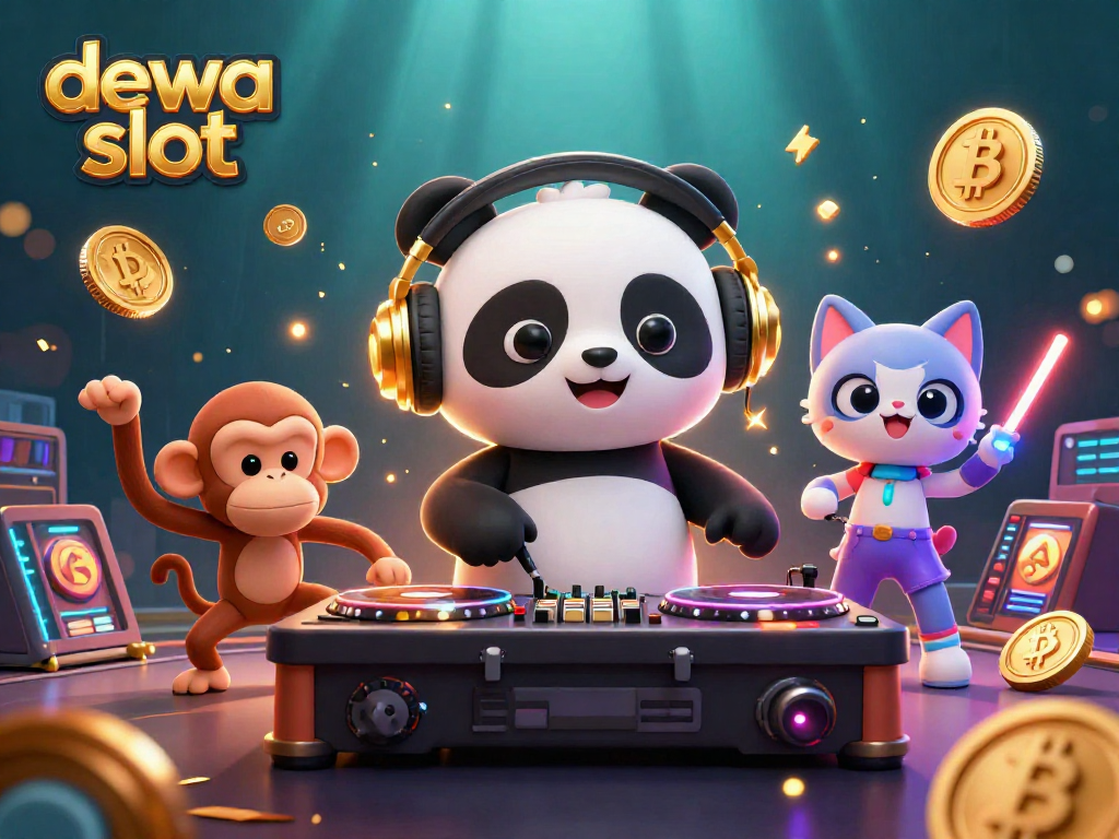 Menghadapi permainan di dewa slot dengan DJ panda yang menampilkan elemen slot dan simbol jackpot.