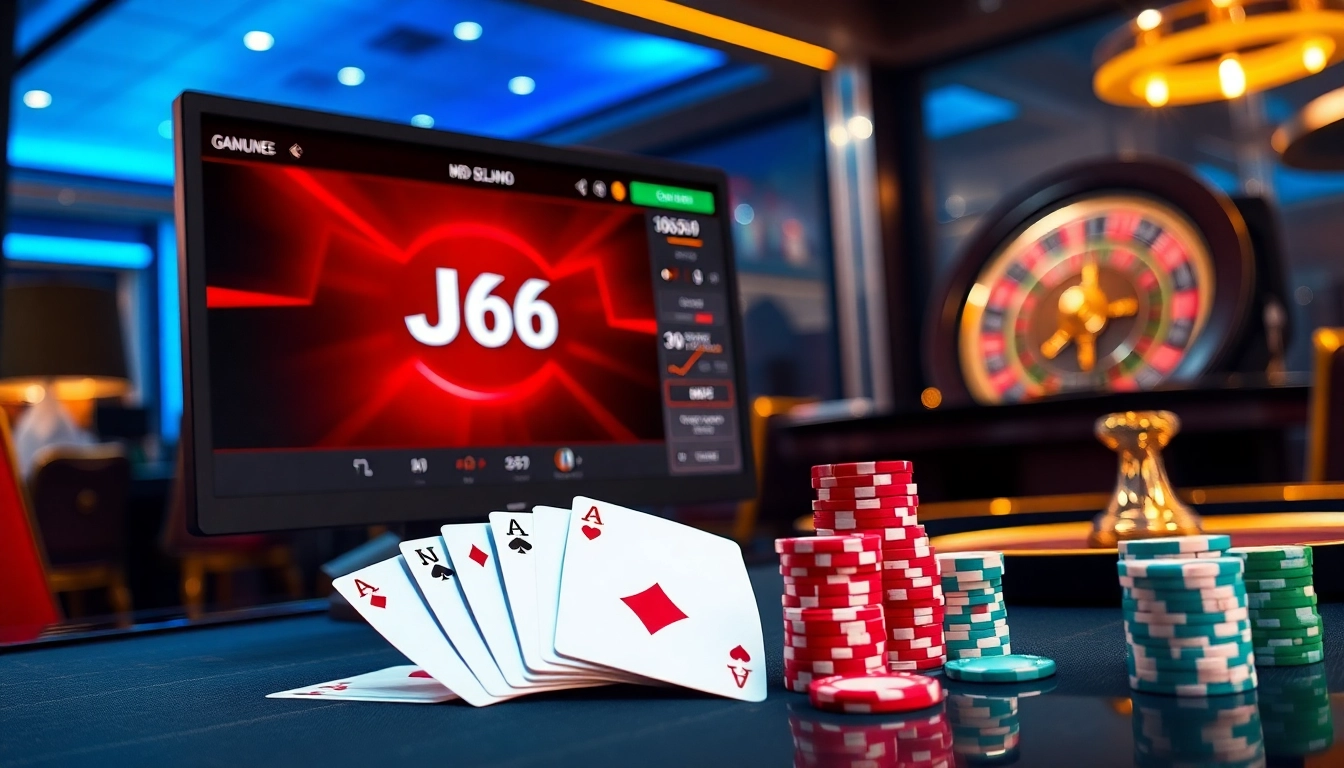 Bets being placed on the BJ66 online gambling platform, featuring poker chips and cards at a luxurious casino table.