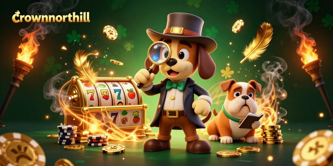 Crownnorthill showcases a lively casino scene with a cartoon detective uncovering golden poker clues amidst vibrant slot reels.