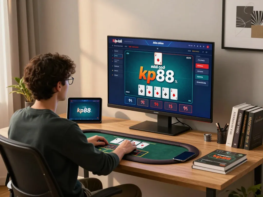 Engaged player experiencing live dealer blackjack at nhà cái kp88 in stylish home office