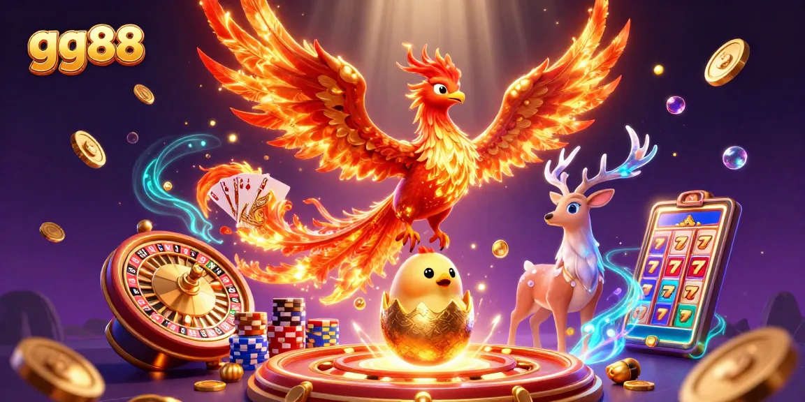 Experience excitement with gg88 as a phoenix and stag illuminate a vibrant casino scene.