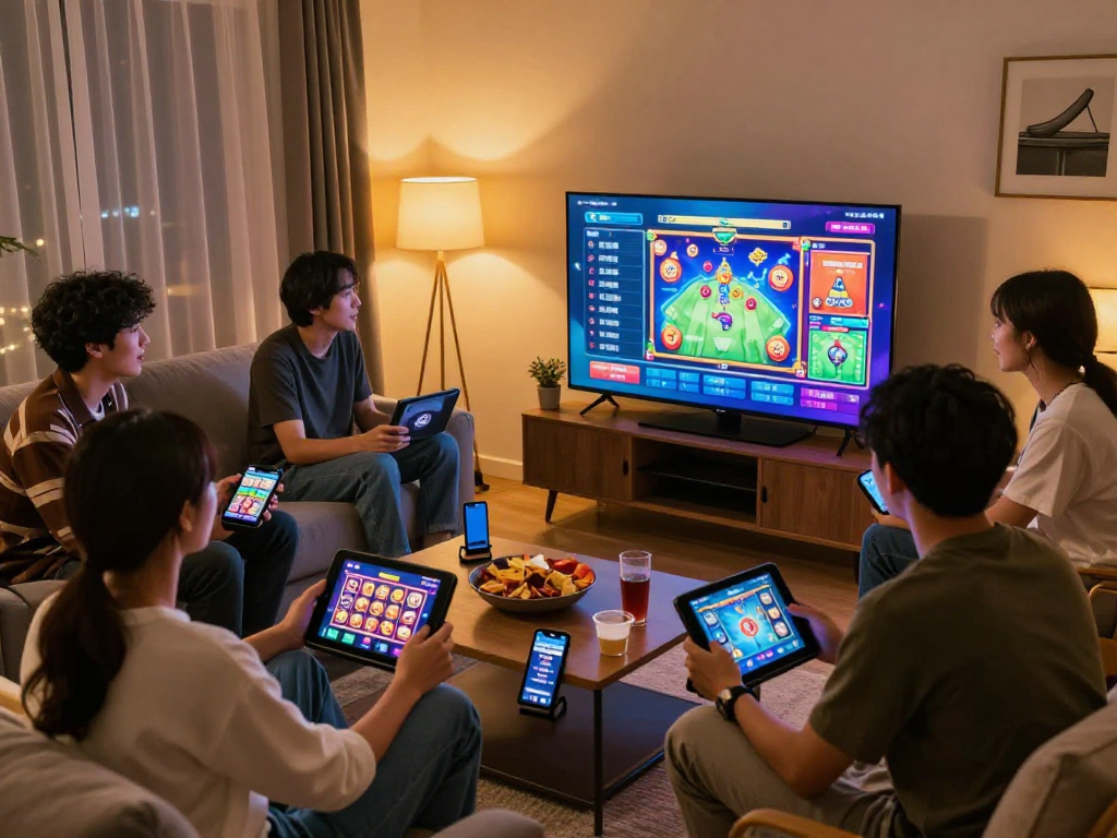 Teman-teman bersenang-senang bermain slot online di ruang tamu, menampilkan pengalaman coloksgp yang interaktif dan menyenangkan.