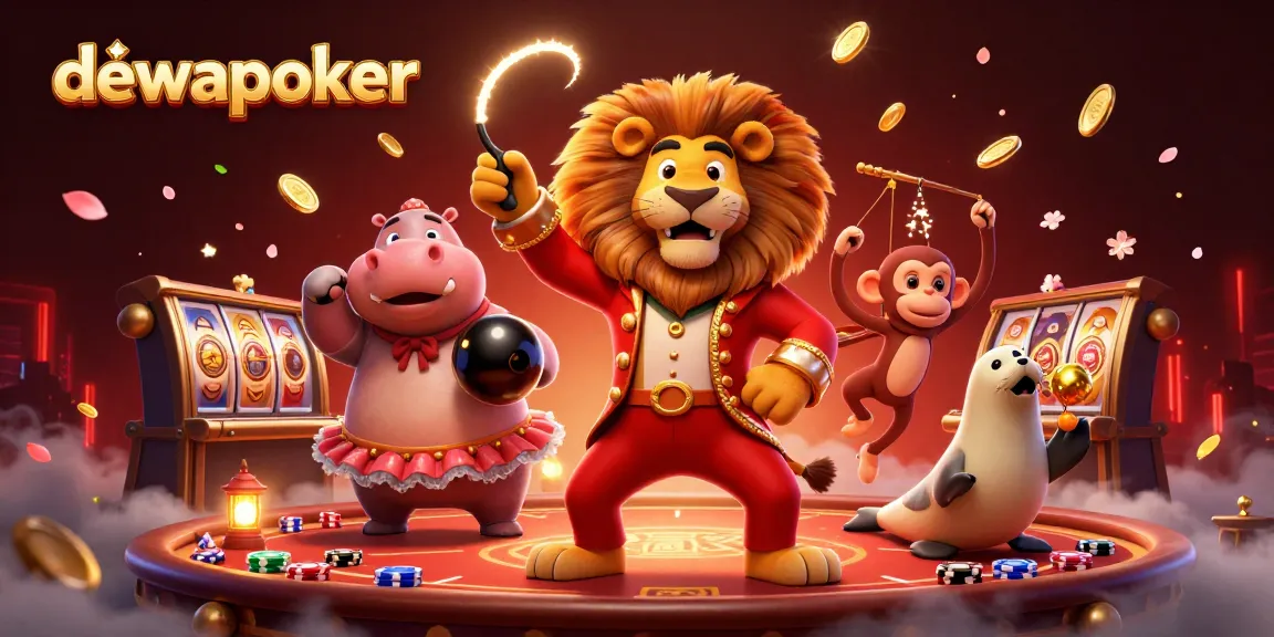 Dewapoker showcases a vibrant scene featuring a lion ringmaster and poker elements bringing winning strategies to life