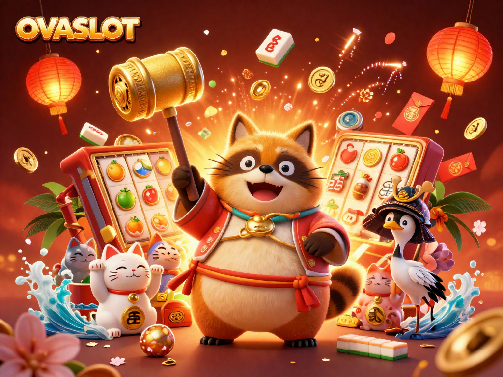 Engage with OVASLOT's vibrant world of online gaming featuring a cheerful tanuki, lucky symbols, and festive elements.