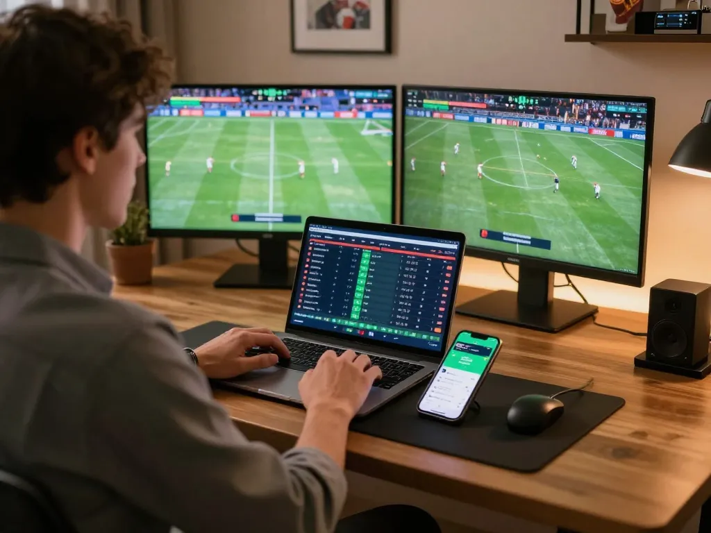 Engaging sports betting moment at Nhà cái KONG88 with live odds analysis and betting app usage.
