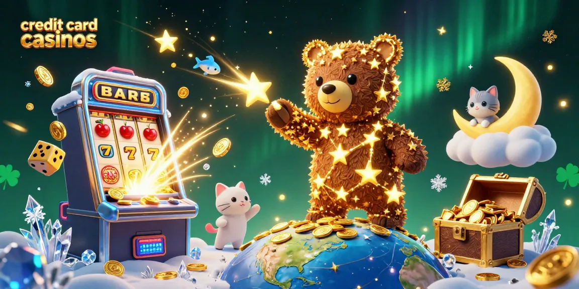 Engaging scene showcasing credit card casinos with 3D constellation bear and vibrant slot machine burst.
