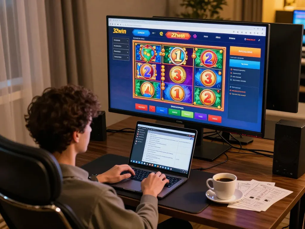 Player engaging with 32win online casino, focused on strategic gameplay with vibrant slot games.