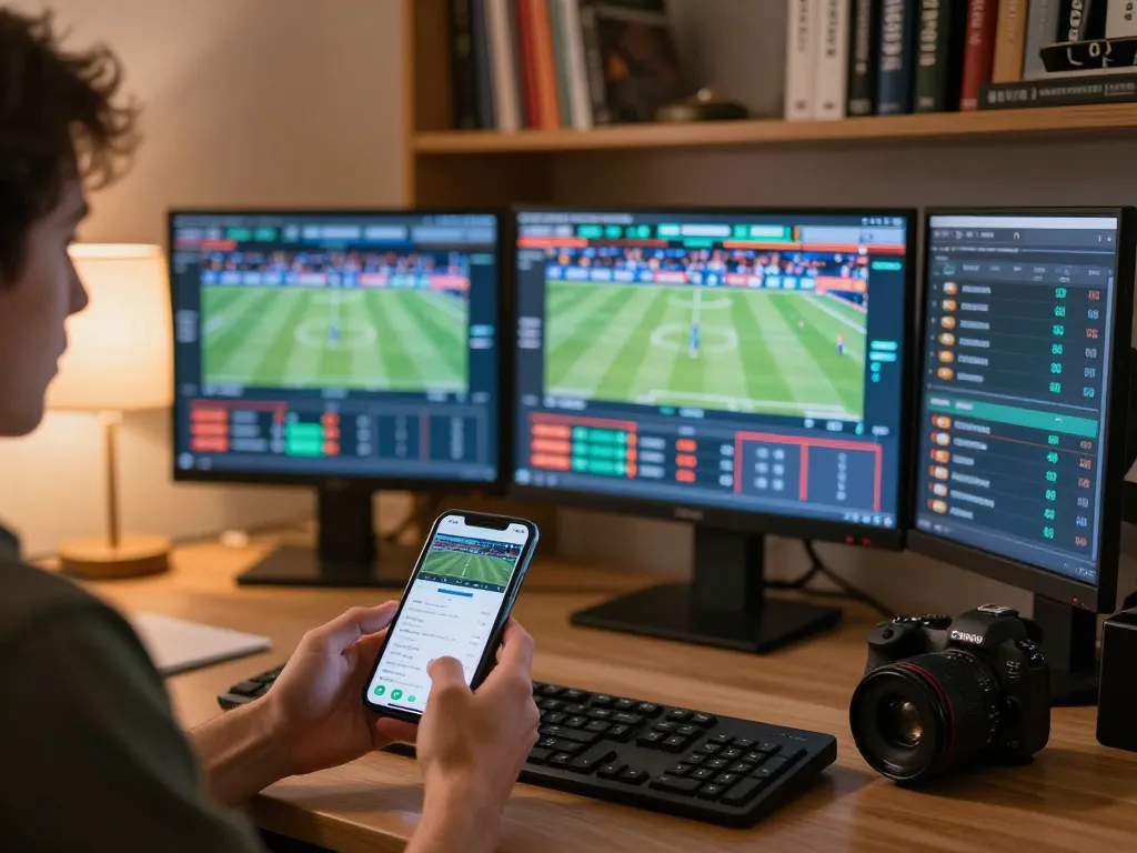 spinadvisor showcases a person engaged in live sports betting with multiple screens.