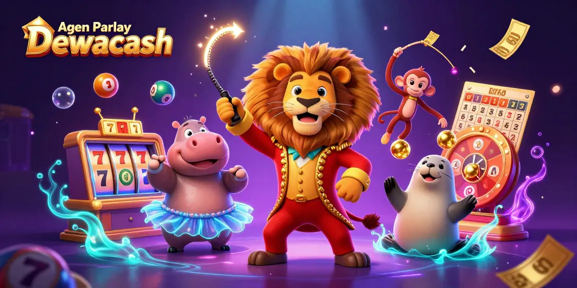 Agen Parlay Dewacash showcases vibrant casino energy with a dynamic scene featuring a ringmaster lion and casino elements.