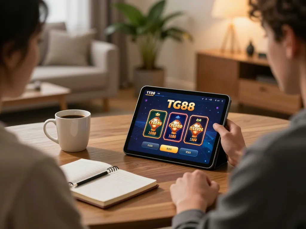 Player enjoying online gaming with the TG88 app on tablet in cozy setting
