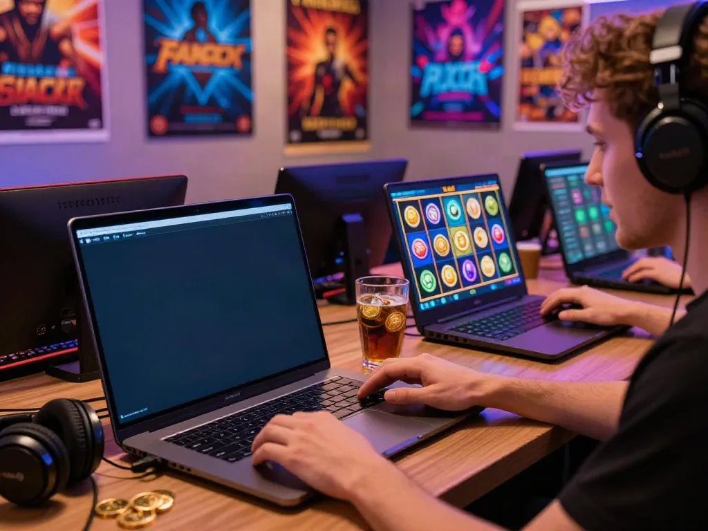 Excited player engaging with akunjp online gambling interface in a vibrant gaming setup.