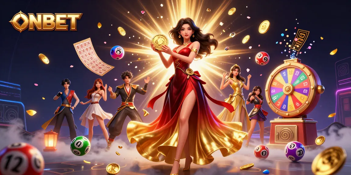 Experience the thrill of winning at ONBET, featuring a stunning character celebrating with vibrant lottery elements and coins.