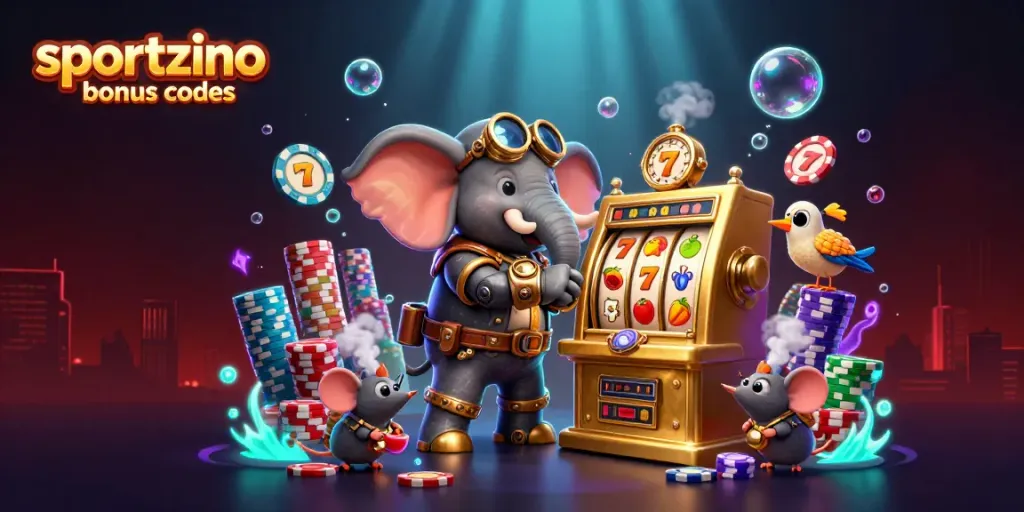 Spin and win with Sportzino bonus codes at a vibrant slot machine scene featuring steampunk characters.