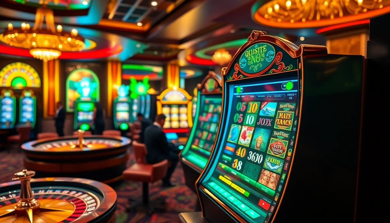 Experience the vibrant energy of qqmacan with players enjoying slot machines in a luxurious casino setup.