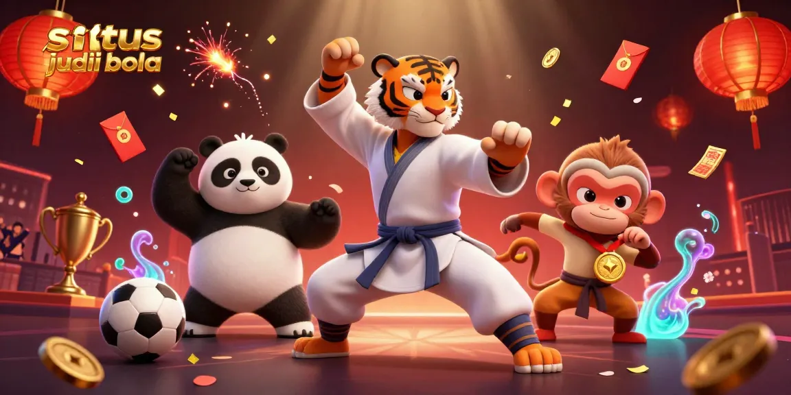 Engage with situs judi bola action featuring a kung fu master, panda disciple, and a mischievous monkey amidst sports betting elements.