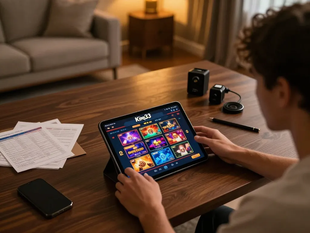 king33 user enjoying a dynamic online casino experience on tablet with vibrant game selection