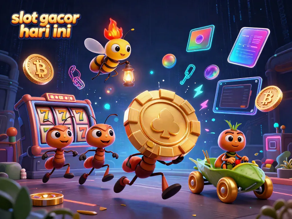 Semut membawa chip poker emas dalam pencurian, dengan tema slot gacor hari ini.
