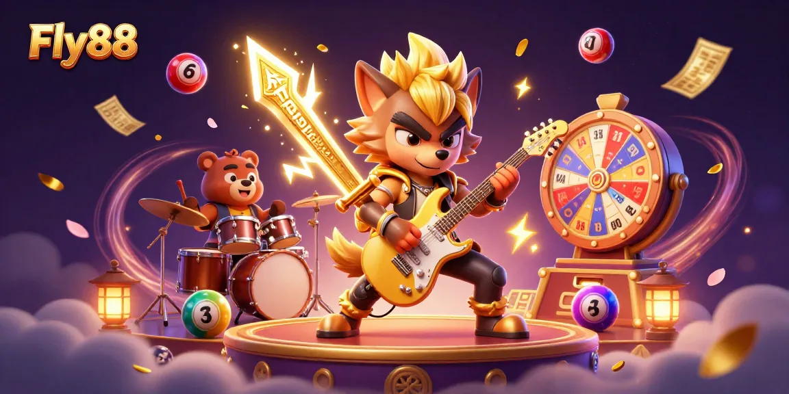 Experience the excitement of casino gaming with Fly88, showcasing a dynamic cartoon rock star and bear on stage.
