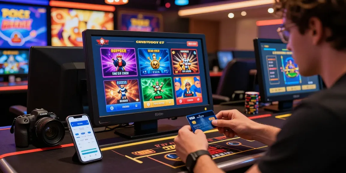 Player enjoying online casinos at https://eviz.org.uk with credit card transactions, modern gaming environment with vibrant graphics.