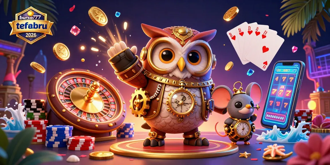 Bursa777 referal terbaru 2026 showcases a dynamic casino scene with a time-traveling owl, vibrant casino elements, and jackpot excitement.