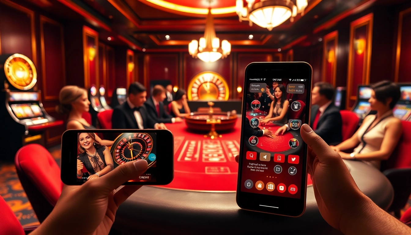 Tai app king88 showcased on a smartphone in a luxurious casino atmosphere with poker action.