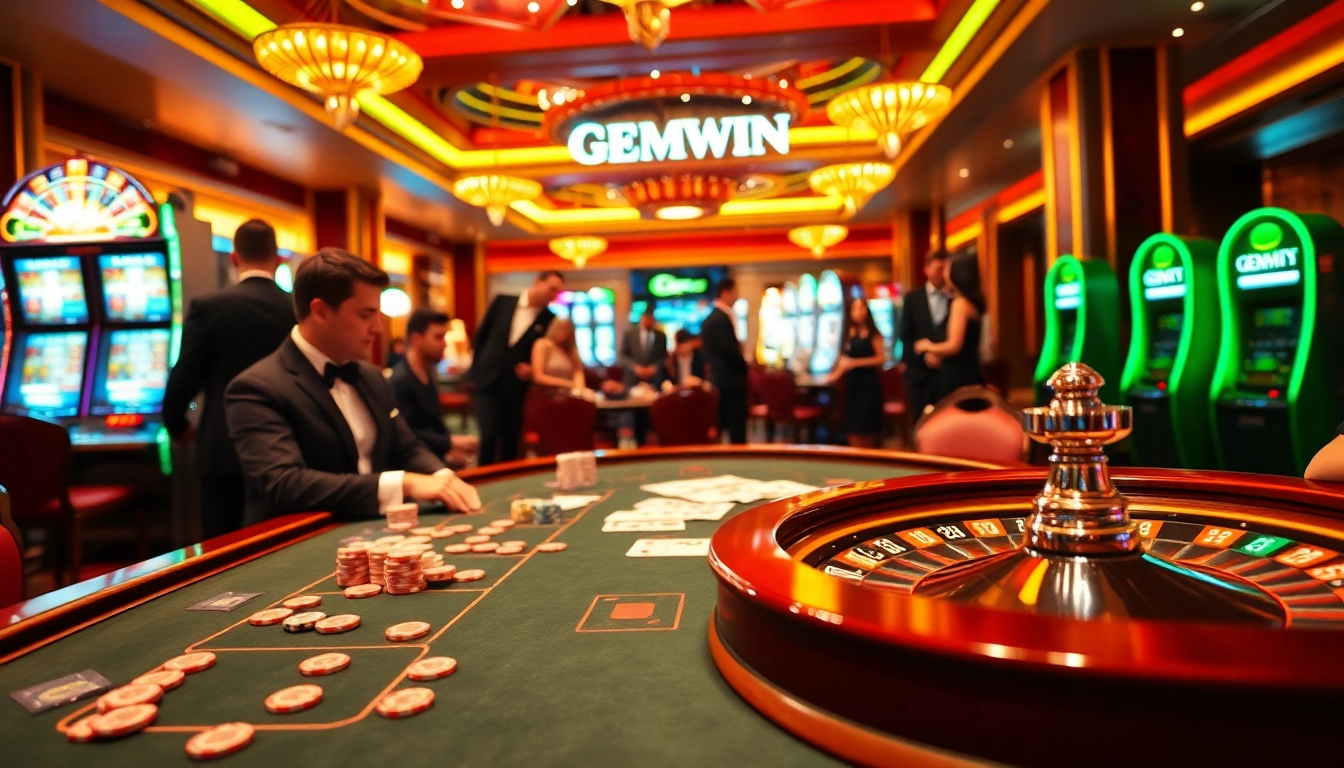 Experience the thrill of GEMWIN casino games with vibrant poker tables and roulette wheels.