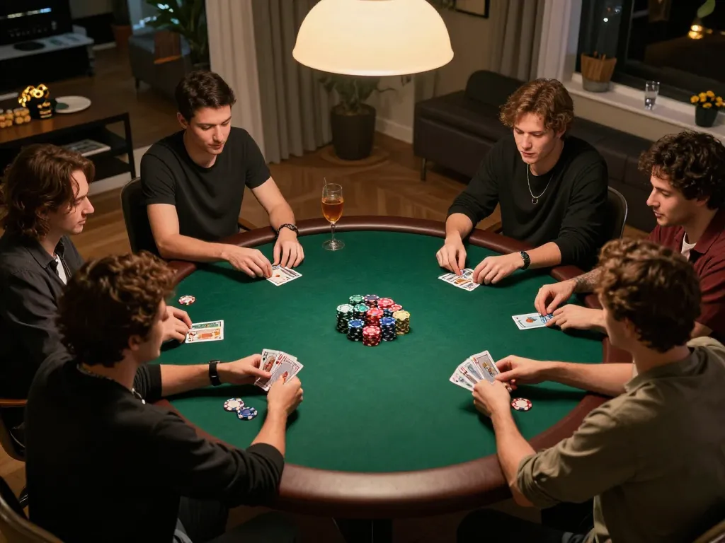 Engaging poker game at home showcasing friends in action, 789club atmosphere of fun.