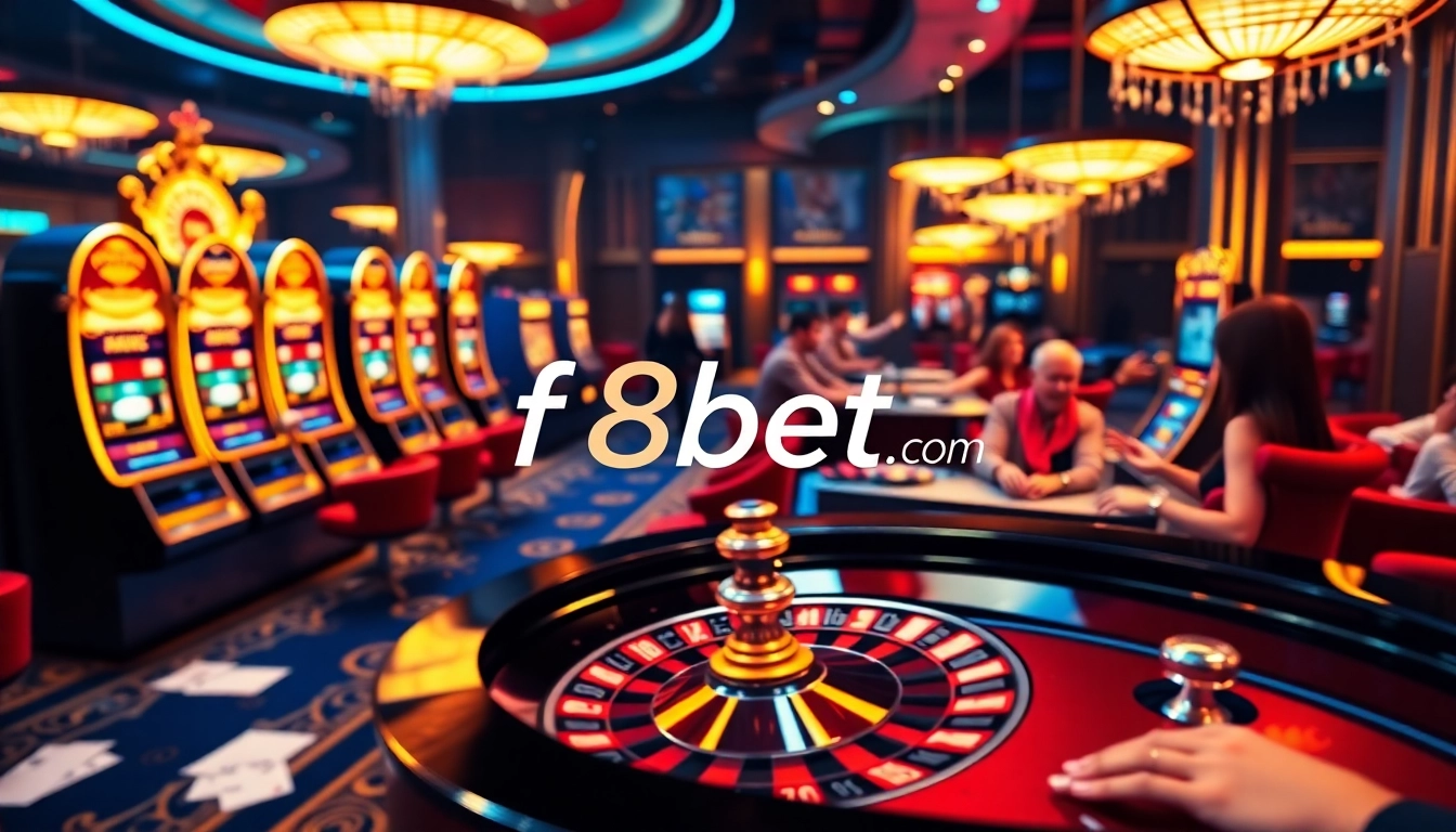A lively gambling scene highlighting f8bet.com with casino tables, slot machines, and enthusiastic players.