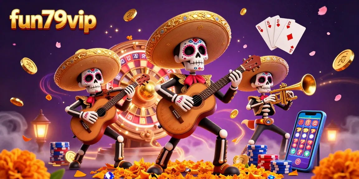 Experience the thrill of fun79vip as Dia de los Muertos mariachi skeletons celebrate with dynamic casino gaming elements.