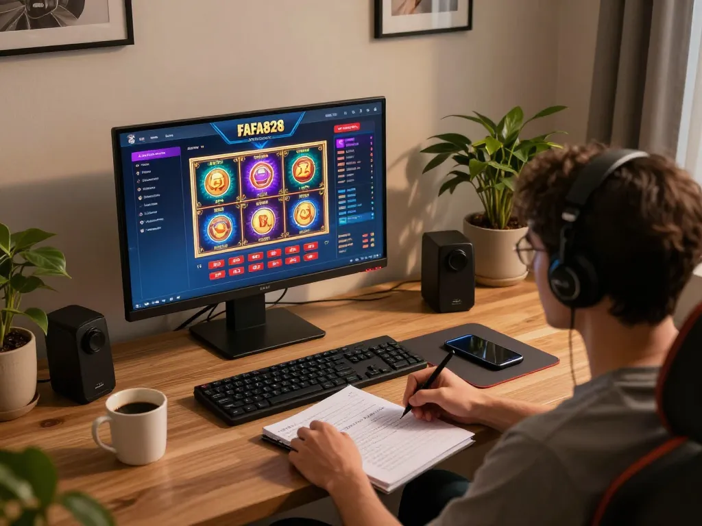 Player engaging with FAFA828 online casino setup, showcasing vibrant games and strategy notes.