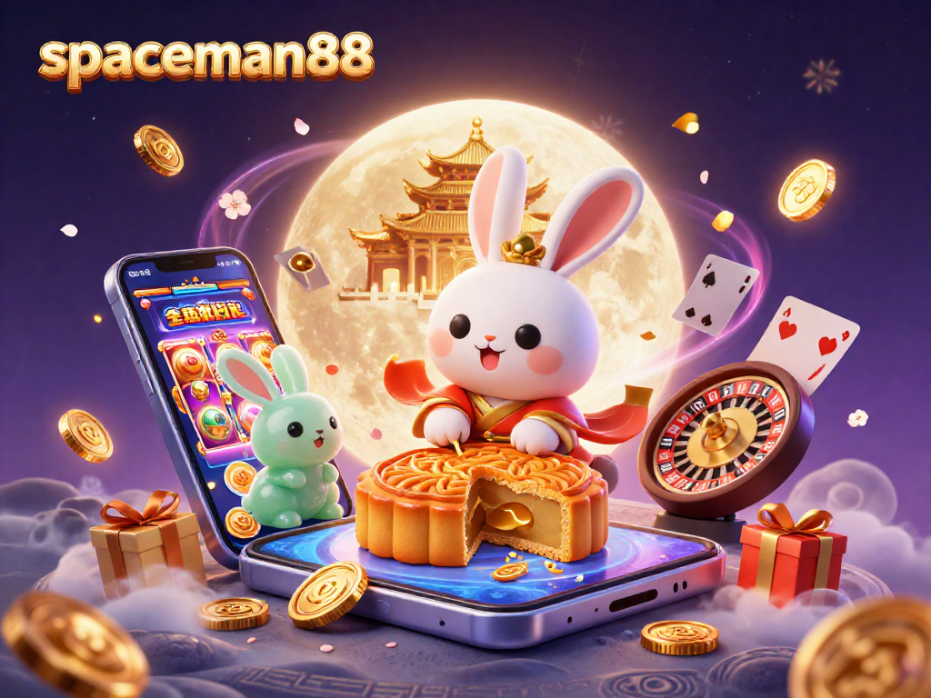 Experience the fun and excitement of spaceman88 with a 3D moon rabbit gaming illustration featuring slots and poker elements.