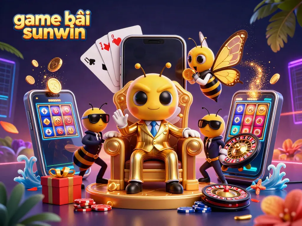 Experience the excitement of game bài sunwin with a dynamic 3D illustration featuring characters and casino elements.