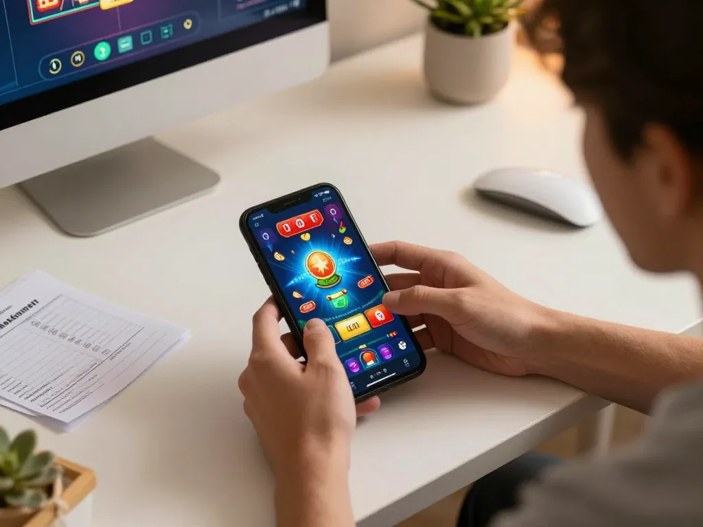 Pemain menikmati Situs Judi Online di perangkat mobile, terlibat dalam permainan strategis dengan grafik berwarna-warni.