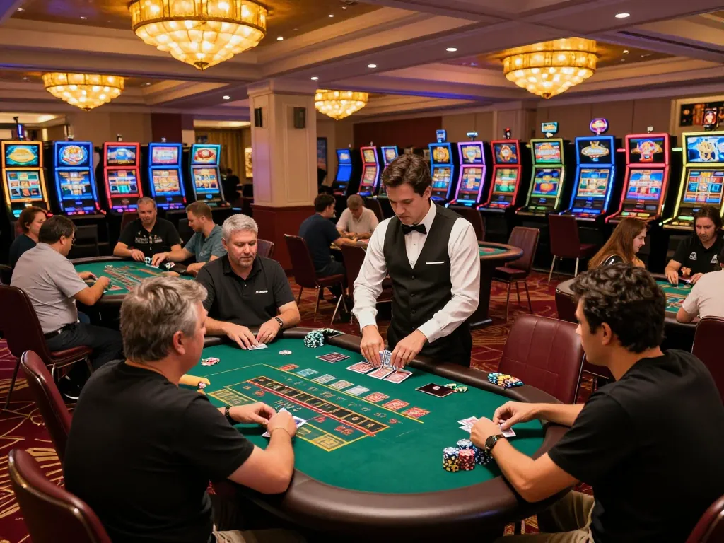Players engaging at 123bmvp casino tables, vibrant atmosphere with golden lighting and intense gameplay.