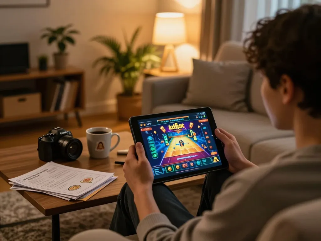A player engaged in kdslot online casino gaming on a tablet in a cozy living room.